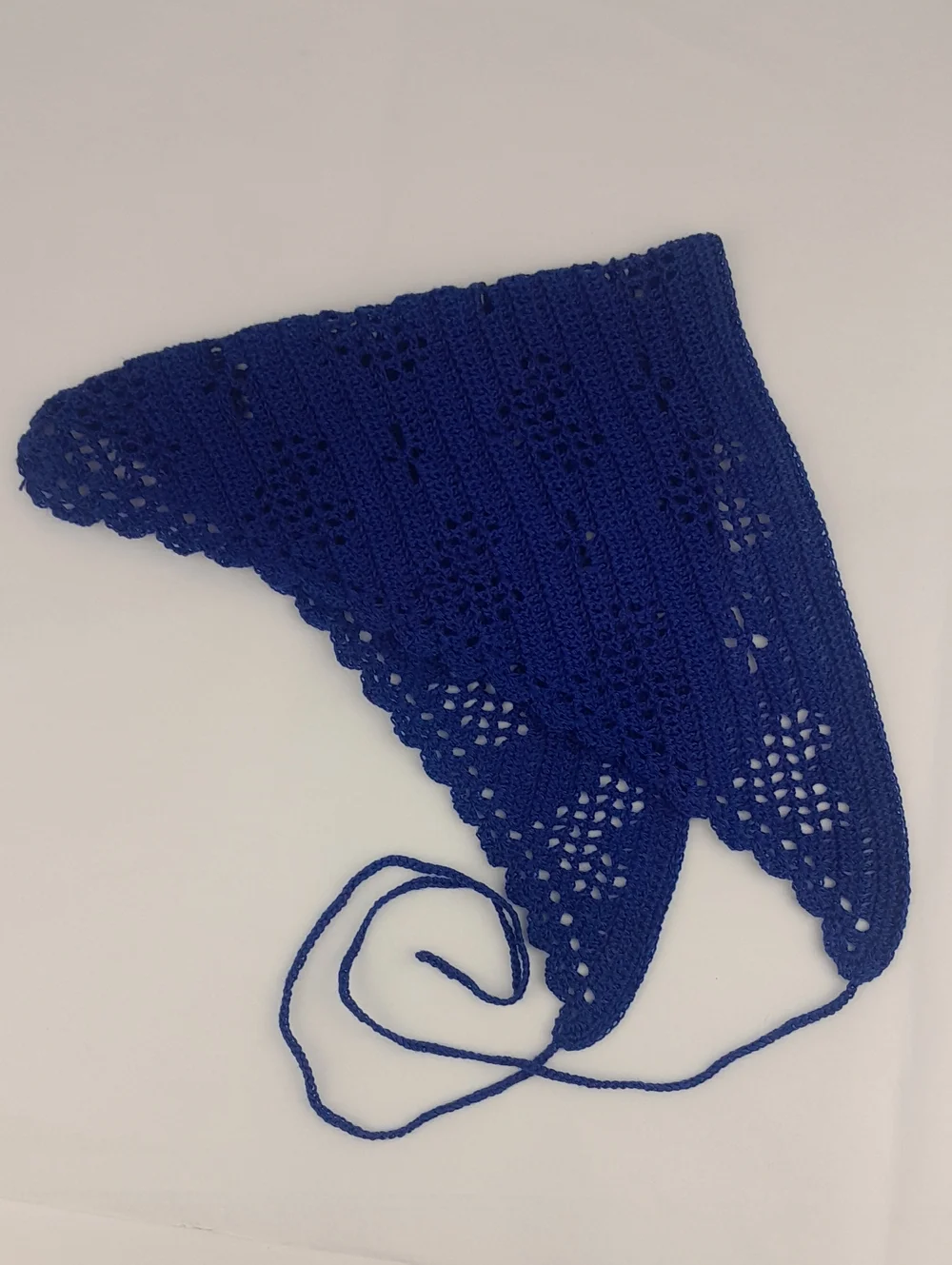 Handcrafted Soft Royal Blue Crocheted Heart Filet Head Bandana Kerchief Tie Back